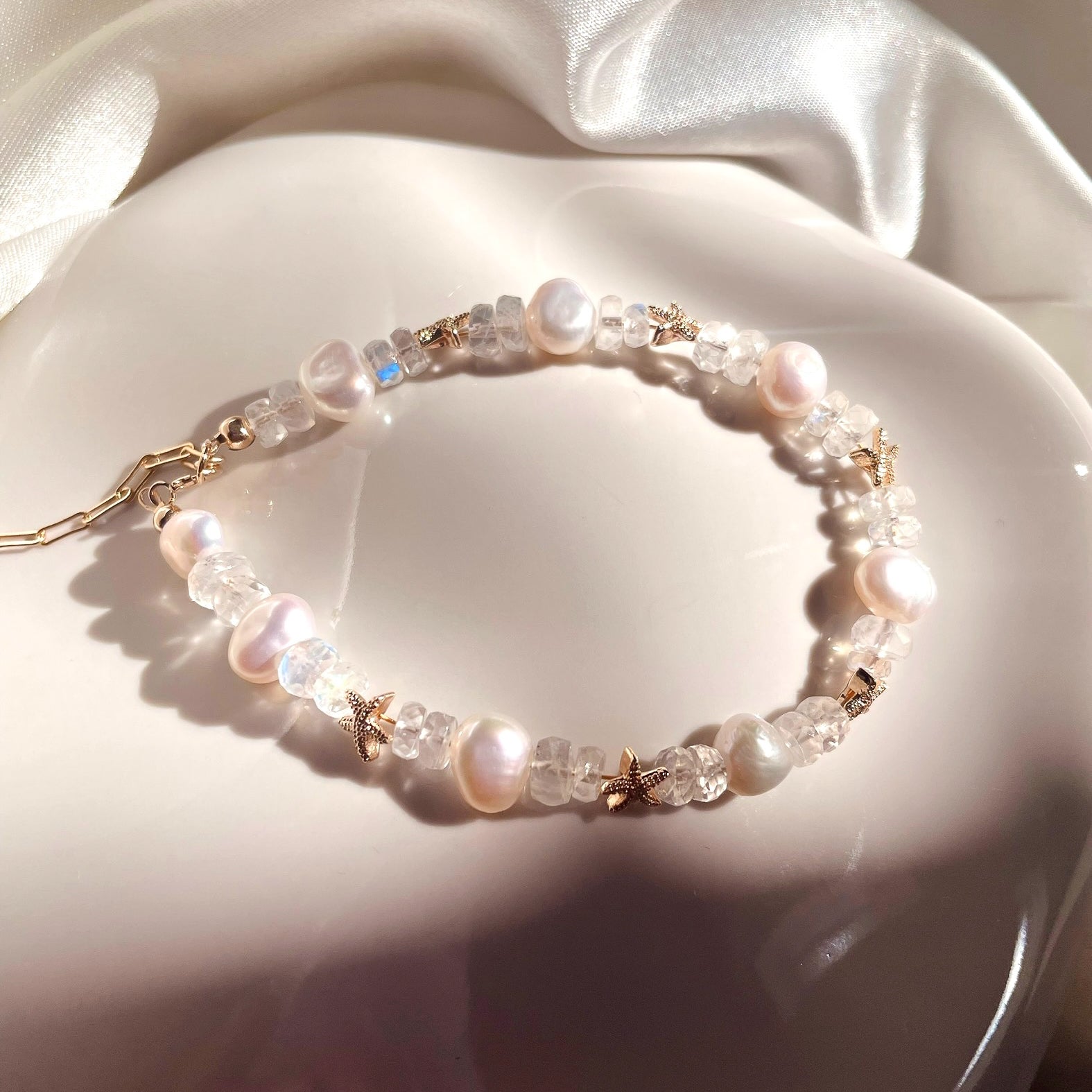 Gold filled mermaid style bracelet with starfish, pearls and moonstone