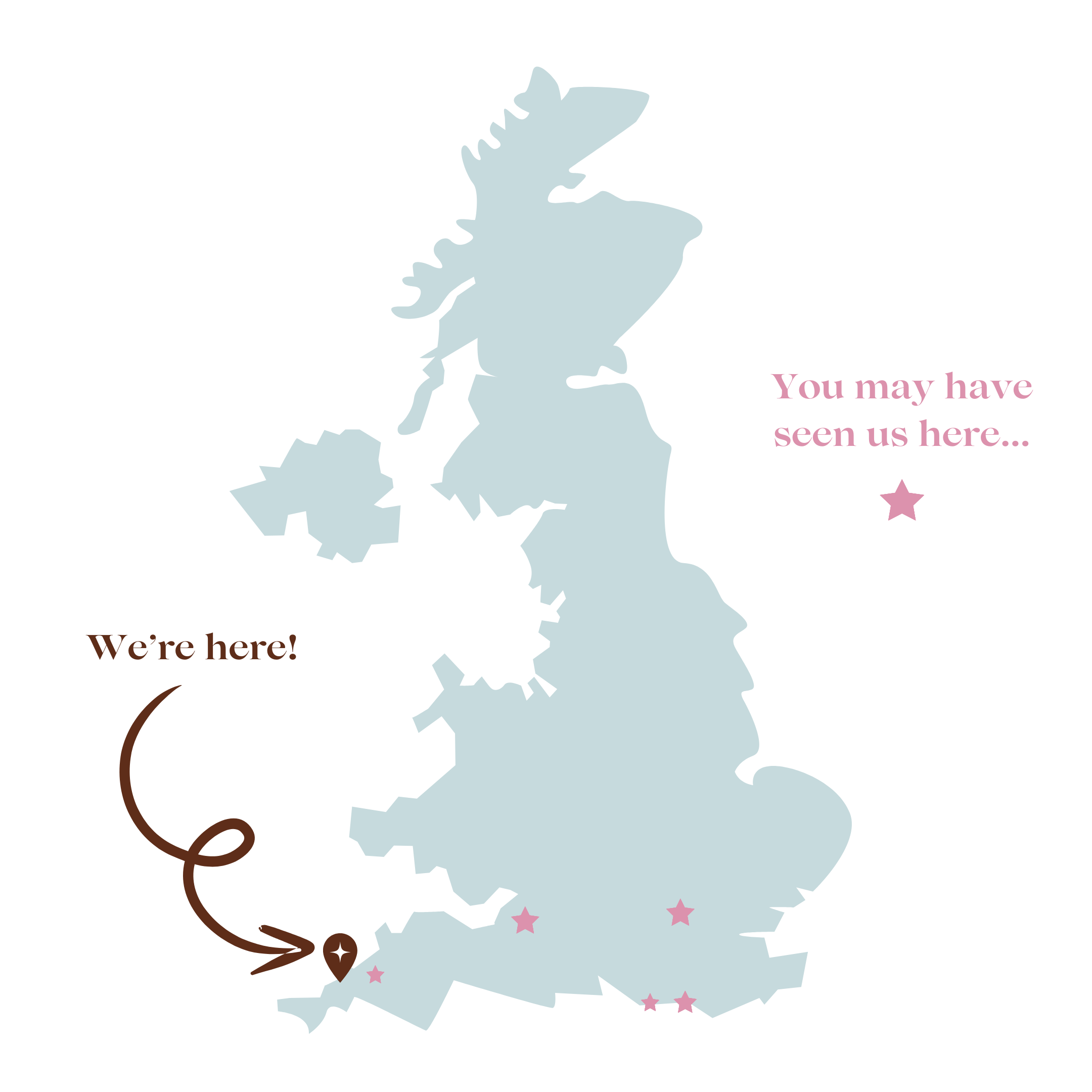 Phoebe Lune locations in the UK. Map shows Phoebe Lune has been in pop-ups, shops and markets across Newquay Cornwall, Brighton, London, Worthing and Bristol.
